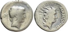 Roman Republican Coins MARK ANTONY. Denarius (42 BC). Military mint traveling with Antony in Italy. Obv: Bare head of Antony right; lituus to left. Rev: M ANTONIVS III VIR R P C. Radiate head of Sol r