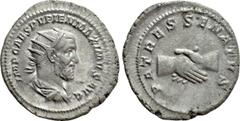 Roman Imperial Coins PUPIENUS (238). Antoninianus. Rome. Obv: IMP CAES PVPIEN MAXIMVS AVG. Radiate, draped and cuirassed bust right. Rev: PATRES SENATVS. Clasped hands. RIC 11b. Condition: Very fine. 