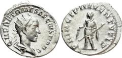 Roman Imperial Coins HERENNIUS ETRUSCUS (Caesar, 249-251). Antoninianus. Rome. Obv: Q HER ETR MES DECIVS NOB C. Radiate and draped bust right. Rev: PRINCIPI IVVENTVTIS. Herennius Etruscus standing lef