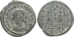 Roman Imperial Coins CARINUS (Caesar, 282-283). Antoninianus. Antioch. Obv: IMP C M AVR CARINVS NOB C. Radiate and cuirassed bust right. Rev: VIRTVS AVGGG / H / XXI. Prince standing right, holding sce
