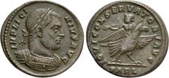Roman Imperial Coins LICINIUS I (308-324). Follis. Arelate. Obv: IMP LICINIVS AVG. Laureate and cuirassed bust right. Rev: IOVI CONSERVATORI AVG / PARL. Licinius, with head left and holding sceptre an