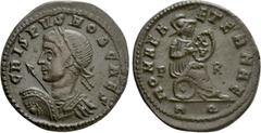 Roman Imperial Coins CRISPUS (Caesar, 316-326). Follis. Rome. Obv: CRISPVS NOB CAES. Laureate, draped and cuirassed bust left, holding shield and spear. Rev: ROMAE AETERNAE / P - R / R Q. Roma seated 