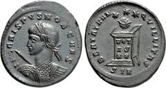 Roman Imperial Coins CRISPUS (Caesar, 316-326). Follis. Treveri. Obv: IVL CRISPVS NOB CAES. Laureate and cuirassed bust left, holding shield and spear pointing forward. Rev: BEATA TRANQVILLITAS / S TR