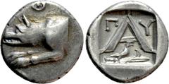 Greek Coins ARGOLIS. Argos. Triobol (Circa 270-250 BC). Obv: Forepart of wolf at bay to left; Θ above. Rev: Π - Υ. Large A; Π-Y above; below, eagle standing right on harpa. BCD Peloponnesos 1111-2; BM