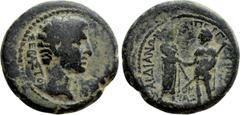 Roman Provincial Coins LYDIA. Sardeis. Augustus (27 BC-14 AD). Ae. Mousaios, magistrate. Homonoia issue with Pergamum. Obv: ΣEBAΣTOV. Bare head right. Rev: ΣAPΔIANΩN KAI ΠEPΓAMHNΩN / MOVΣAIOΣ. The Dem