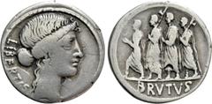 Roman Republican Coins Q. SERVILIUS CAEPIO (M. JUNIUS) BRUTUS. Denarius (54 BC). Rome. Obv: LIBERTAS. Head of Libertas right. Rev: BRVTVS. The consul L. Junius Brutus advancing left between two lictor