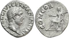 Roman Imperial Coins VITELLIUS (69). Denarius. Rome. Obv: A VITELLIVS GERMAN IMP TR P. Laureate head right. Rev: CONCORDIA P R. Concordia seated left on throne, holding patera and cornucopia. RIC² 73.