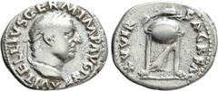 Roman Imperial Coins VITELLIUS (69). Denarius. Rome. Obv: A VITELLIVS GERM IMP AVG TR P. Laureate head right. Rev: XV VIR SACR FAC. Tripod surmounted by dolphin right; below, raven right. RIC² 109. Co