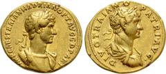 Roman Imperial Coins HADRIAN (117-183). GOLD Aureus with Divus Trajan. Rome. Obv: IMP CAES TRAIAN HADRIAN OPT AVG G D PART. Laureate and cuirassed bust of Hadrian right. Rev: DIVO TRAIANO PATRI AVG. L