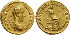Roman Imperial Coins COMMODUS (177-192). GOLD Aureus. Rome. Obv: •M•COMMODVS ANTONINVS AVG. Laureate and cuirassed bust right. Rev: SECVRITAS PVBLICA TR P VI IMP IIII / COS III P P. Securitas seated r