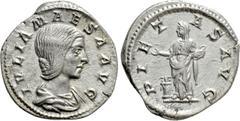 Roman Imperial Coins JULIA MAESA (Augusta, 218-224/5). Denarius. Rome. Obv: IVLIA MAESA AVG. Draped bust right. Rev: PIETAS AVG. Pietas standing left, holding box and dropping incense onto lighted alt