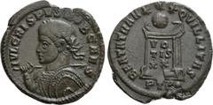 Roman Imperial Coins CRISPUS (Caesar, 316-326). Follis. Treveri. Obv: IVL CRISPVS NOB CAES. Laureate and cuirassed bust left, holding spear and shield. Rev: BEATA TRANQVILLITAS / P TR •. Globus set up