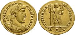 Roman Imperial Coins VALENTINIAN I (364-375). GOLD Solidus. Rome. Obv: D N VALENTINIANVS P F AVG. Diademed, draped and cuirassed bust right. Rev: RESTITVTOR REIPVBLICAE / R T (wreath). Valentinian sta