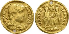 Roman Imperial Coins VALENTINIAN I (364-375). GOLD Solidus. Treveri. Obv: D N VALENTINIANVS P F AVG. Diademed, draped and cuirassed bust right. Rev: VICTORIA AVGG / TROBT. Valentinian and Valens seate