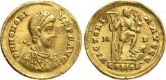Roman Imperial Coins HONORIUS (393-423). GOLD Solidus. Mediolanum. Obv: D N HONORIVS P F AVG. Diademed, draped and cuirassed bust right. Rev: VICTORIA AVGGG / M - D / COMOB. Honorius standing right, w