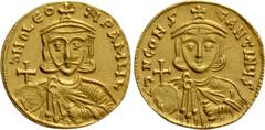 Byzantine Coins LEO III THE "ISAURIAN" with CONSTANTINE V (717-741). GOLD Solidus. Constantinople. Obv: δ N O LЄON P A MЧL. Crowned and draped facing bust of Leo, holding globus cruciger and akakia. R