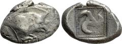 Greek Coins DYNASTS OF LYCIA. Uncertain dynast (Circa 490-430 BC). Stater. Obv: Forepart of boar right. Rev: Triskeles in pelleted square boarder within incuse square. Müseler II.22 var. (boar left). 