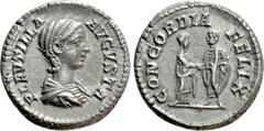 Roman Imperial Coins PLAUTILLA (Augusta, 202-205). Denarius. Rome. Obv: PLAVTILLA AVGVSTA. Draped bust right. Rev: CONCORDIA FELIX. Plautilla and Caracalla standing facing each other, clasping hands. 