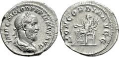 Roman Imperial Coins PUPIENUS (238). Denarius. Rome. Obv: IMP C M CLOD PVPIENVS AVG. Laureate, draped and cuirassed bust right. Rev: CONCORDIA AVGG. Concordia seated left on throne, holding patera and