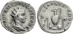 Roman Imperial Coins HERENNIUS ETRUSCUS (Caesar, 249-251). Antoninianus. Rome. Obv: Q HER ETR MES DECIVS NOB C. Radiate and draped bust right. Rev: PIETAS AVGVSTORVM. Emblems of the pontificate: asper
