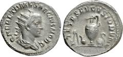 Roman Imperial Coins HERENNIUS ETRUSCUS (Caesar, 249-251). Antoninianus. Rome. Obv: Q HER ETR MES DECIVS NOB C. Radiate and draped bust right. Rev: PIETAS AVGVSTORVM. Emblems of the pontificate: asper