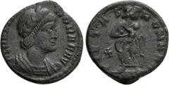 Roman Imperial Coins THEODORA (died before 337). Ae. Treveri. Obv: FL MAX THEODORAE AVG. Mantled bust right. Rev: PIETAS ROMANA / [TR...]. Pietas standing right, holding infant; cross to left. RIC 43.
