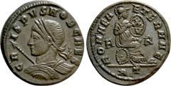Roman Imperial Coins CRISPUS (Caesar, 316-326). Follis. Rome. Obv: CRISPVS NOB CAES. Laureate, draped and cuirassed bust left, holding shield and spear. Rev: ROMAE AETERNAE / P - R / R T. Roma seated 