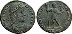 Roman Imperial Coins JOVIAN (363-364). Ae. Thessalonica. Obv: D N IOVIANVS P F P P AVG. Diademed, draped and cuirassed bust right. Rev: VICTORIA ROMANORVM / TES A. Jovian standing facing, head right, 