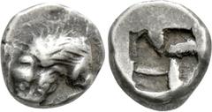 Greek Coins GAUL. Massalia. 3/4 Obol (Circa 500-475 BC). Obv: Forepart of lion left, devouring prey. Rev: Rough incuse square. Maurel 61. Condition: Good very fine. Weight: 0.93 g. Diameter: 9 mm.