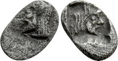 Greek Coins DYNASTS OF LYCIA. Uncertain Dynast (Circa 6th-5th century BC). Tetartemorion. Obv: Bearded head left. Rev: Head of man-headed bull right within incuse square. SNG Copenhagen -; BMC -; SNG 