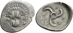 Greek Coins DYNASTS OF LYCIA. Perikles (Circa 380-360 BC). Tetrobol. Uncertain mint, possibly Limyra. Obv: Facing scalp of lion. Rev: Triskeles within incuse circle. Müseler VIII.49-51; SNG von Aulock