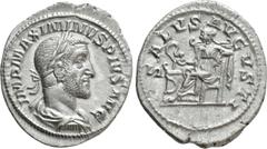 Roman Imperial Coins MAXIMINUS THRAX (235-238). Denarius. Rome. Obv: IMP MAXIMINVS PIVS AVG. Laureate, draped and cuirassed bust right. Rev: SALVS AVGVSTI. Salus seated left on throne, feeding serpent