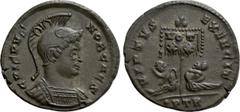 Roman Imperial Coins CRISPUS (Caesar, 316-326). Follis. Treveri. Obv: CRISPVS NOB CAES. Helmeted and cuirassed bust right. Rev: VIRTVS EXERCIT / •P TR. Vexillum inscribed VOT / XX in two lines; bound 