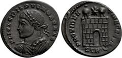 Roman Imperial Coins CRISPUS (Caesar, 316-326). Follis. Treveri. Obv: FL IVL CRISPVS NOB CAES. Laureate, draped and cuirassed bust left. Rev: PROVIDENTIA CAESS / S TR (pellet above crescent). Campgate