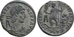 Roman Imperial Coins CONSTANS (337-350). Ae. Aquileia. Obv: D N CONSTANS P F AVG. Diademed, draped and cuirassed bust right; A behind. Rev: FEL TEMP REPARATIO / A / AQ T•. Constans standing left in ga