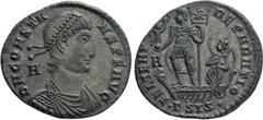 Roman Imperial Coins CONSTANS (337-350). Ae. Siscia. Obv: D N CONSTANS P F AVG. Diademed, draped and cuirassed bust right; A to left. Rev: FEL TEMP REPARATIO / A / •ΓSIS•. Constans standing left on ga
