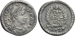 Roman Imperial Coins VALENS (364-378). Siliqua. Antioch. Obv: D N VALENS P F AVG. Diademed, draped and cuirassed bust right. Rev: VOT / X / MVLT / XX / •ANT (star). Legend in four lines within wreath.