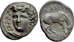 Greek Coins THESSALY. Larissa. Drachm (Circa 356-342 BC). Obv: Head of the nymph Larissa facing slightly left, with hair in ampyx. Rev: ΛΑΡΙΣ / AIΩΝ . Horse crouching right, preparing to roll. BCD The