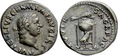 Roman Imperial Coins VITELLIUS (69). Denarius. Rome. Obv: A VITELLIVS GERM IMP AVG TR P. Laureate head right. Rev: XV VIR SACR FAC. Tripod surmounted by dolphin right; below, raven right. RIC² 109. Co