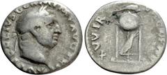 Roman Imperial Coins VITELLIUS (69). Denarius. Rome. Obv: A VITELLIVS GERM IMP AVG TR P. Laureate head right. Rev: XV VIR SACR FAC. Tripod surmounted by dolphin right; below, raven right. RIC² 109. Co