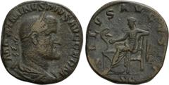 Roman Imperial Coins MAXIMINUS THRAX (235-238). Sestertius. Rome. Obv: MAXIMINVS PIVS AVG GERM. Laureate, draped and cuirassed bust right. Rev: SALVS AVGVSTI / S C. Salus seated left on throne, feedin