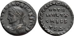 Roman Imperial Coins CRISPUS (Caesar, 316-326). Follis. Thessalonica. Obv: CRISPVS NOBILISS CAES. Laureate, draped and cuirassed bust left, holding spear over shoulder. Rev: VOT V / MVLT X / CAESS / T