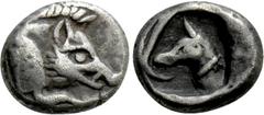 Greek Coins DYNASTS OF LYCIA. Uncertain Dynast (Circa 480/70-430 BC). Hemiobol. Obv: Forepart of boar right. Rev: Forepart of leashed hound left within incuse square. Falghera -; SNG Copenhagen Supp. 