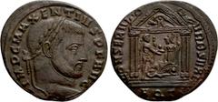 Roman Imperial Coins MAXENTIUS (307-312). Follis. Aquileia. Obv: IMP C MAXENTIVS P F AVG. Laureate head right. Rev: CONSERV VRB SVAE / AQ T. Roma seated left on shield, holding spear and presenting gl