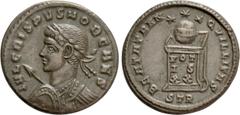 Roman Imperial Coins CRISPUS (Caesar, 316-326). Follis. Treveri. Obv: IVL CRISPVS NOB CAES. Laureate and cuirassed bust left, holding shield and spear pointing forward. Rev: BEATA TRANQVILLITAS / S TR