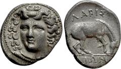Greek Coins THESSALY. Larissa. Drachm (Circa 356-342 BC). Obv: Head of the nymph Larissa facing slightly left, with hair in ampyx. Rev: ΛΑΡΙΣ / AIΩΝ . Horse crouching right, preparing to roll. BCD The