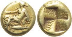 Greek Coins MYSIA. Kyzikos. EL 1/24 Stater (Circa 5th-4th centuries BC). Obv: Dionysos reclining left on panther skin, holding kantharos; [shell to outer left]; below, tunny left. Rev: Quadripartite i