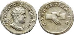 Roman Imperial Coins BALBINUS (238). Antoninianus. Rome. Obv: IMP CAES D CAE L BALBINVS AVG. Radiate, draped and cuirassed bust right. Rev: CONCORDIA AVGG. Clasped hands. RIC 10. Condition: Very fine.