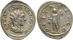 Roman Imperial Coins HERENNIUS ETRUSCUS (Caesar, 249-251). Antoninianus. Rome. Obv: Q HER ETR MES DECIVS NOB C. Radiate and draped bust right. Rev: PIETAS AVGG. Mercury standing left, holding purse an