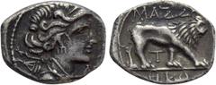 Greek Coins GALLIA. Massalia. Drachm (Circa 90-50 BC). Obv: Bust of Artemis right, bow and quiver over shoulder; AP before. Rev: MAΣΣA. Lion walking right; T below; ΘKΘ in exergue. Maurel (2019) 711. 